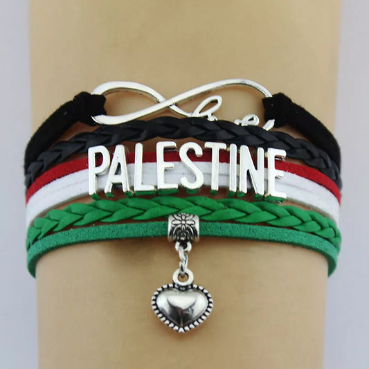 Palestine  Leather Wrap Silver Plated Heart Charm Bracelet