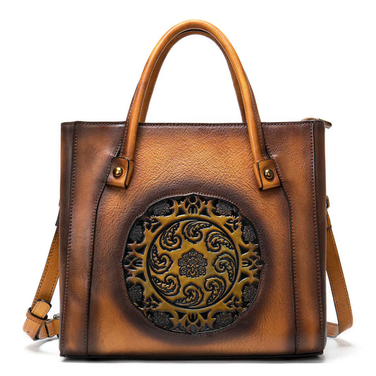 Vintage Elegance Embossed Genuine Leather Shoulder Bag