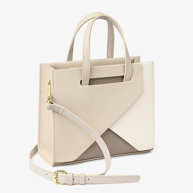 Chic Geometric Ivory Genuine Leather Contemporary Gold Accented Handbag