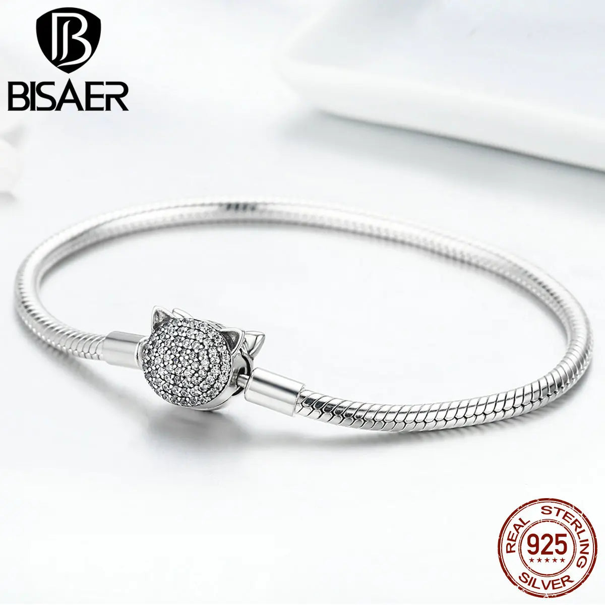 Sparkling Cat Clasp Bracelet (925 Sterling Silver with Pave Cubic Zirconia)